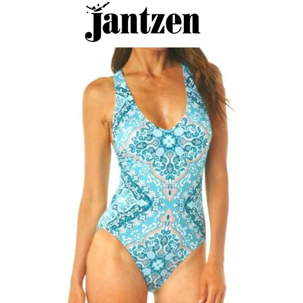 🆕️Jantzen Ocean Blue  Medallion Macrame-Back One-Piece Women's Swimsuit …